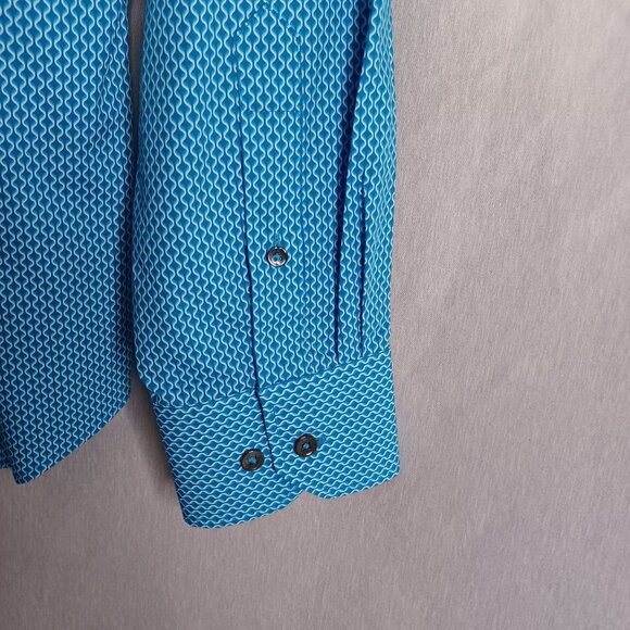 Bugatchi Shaped Fit Shirt Mens Medium Teal Blue Long Sleeve Button Down Luxury - Picture 5 of 8